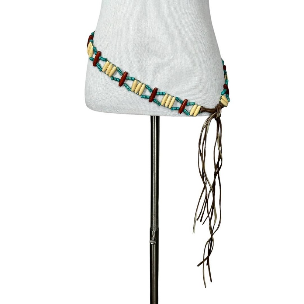 Boho Beaded Tie Belt Beach Western Turquoise Red Cream Faux Leather Festival